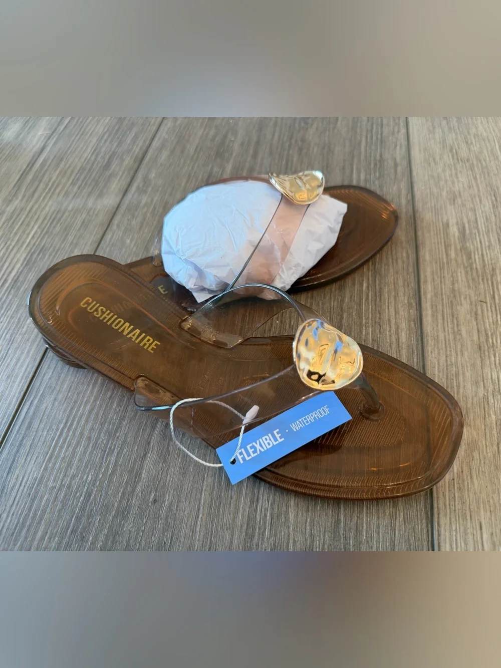 Cushionaire Women's Brown Clear Jelly Sandals with Gold Medallion